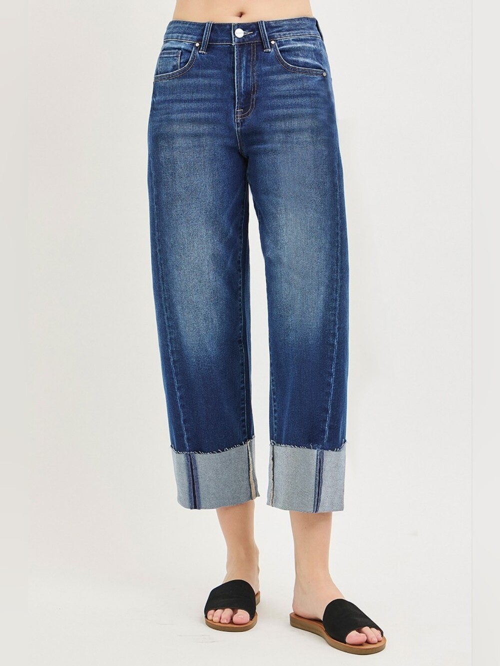 RISEN Dark Wash Slouchy Cuffed Barrel Jeans Stretch Relaxed Various Plus NEW - Picture 2 of 6